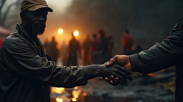 Foto le mani di un uomo e un uomo che si stringono la mano sotto la pioggia.