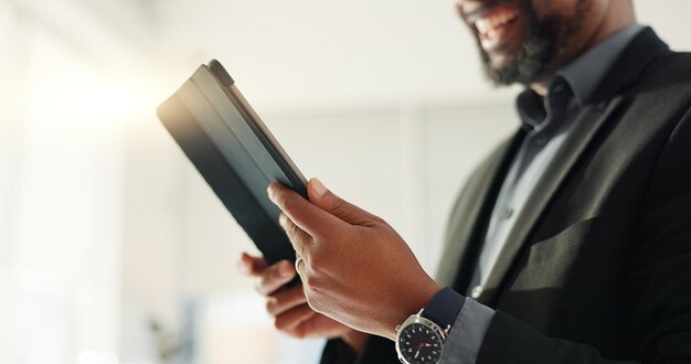 Hands of man in office with tablet scroll on email or social media for business feedback schedule or agenda Networking digital app and businessman online for market research website and report