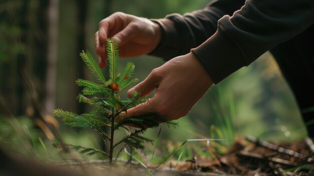 Hands of man touching a small plant in the forest