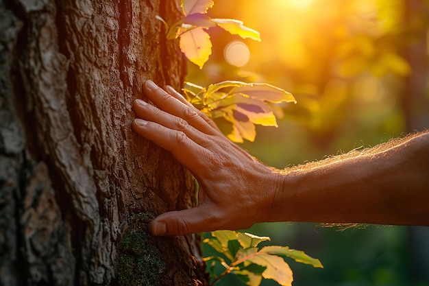 Hands of a man touching a tree stem closeup view of the bark caring for the ecology and environment Generative AI