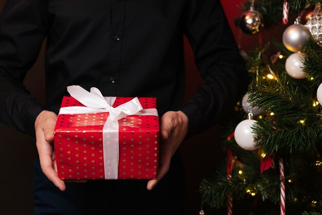 Hands of a man with a gift box at the Christmas tree for celebrating the new year