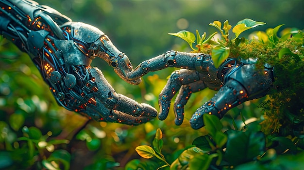 Hands of a man with a robotic arm in the forest future eco concept