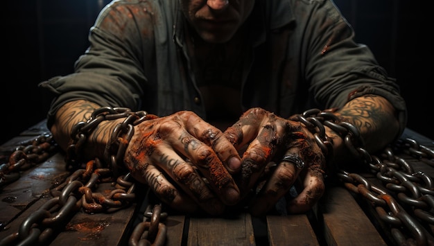 Hands of a man with tattoos on his arms and hands chained to a wooden table