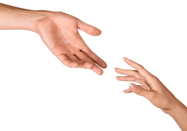 Photo hands of man and woman reaching to each other