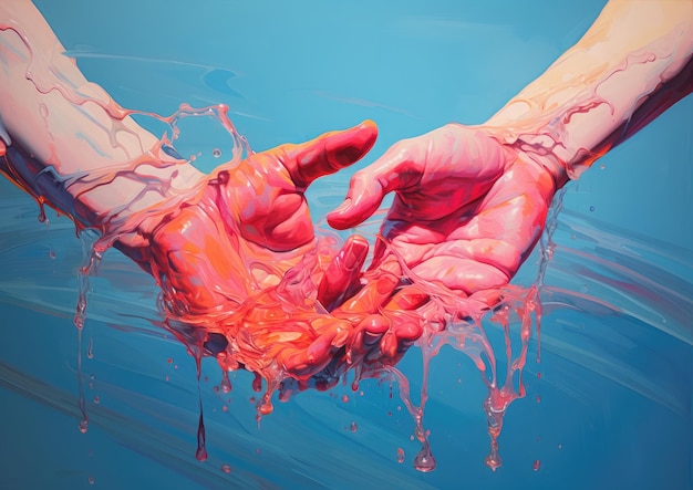 Hands of man and woman with colorful splashes on blue background