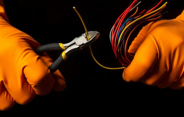 Hands of the master in gloves hold wire cutters and wire