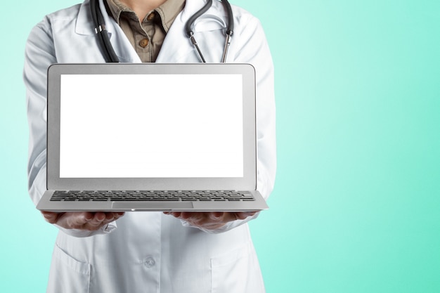 Hands of medical doctor woman with laptop