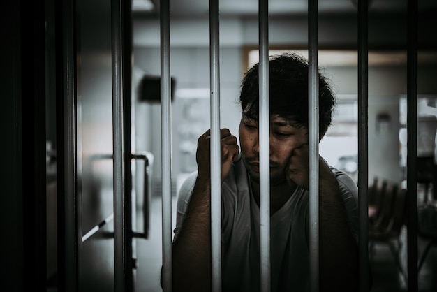 Mani di uomini che cercano disperatamente di catturare il concetto di prigioniero di ferro. persone della thailandia sperano di essere libere