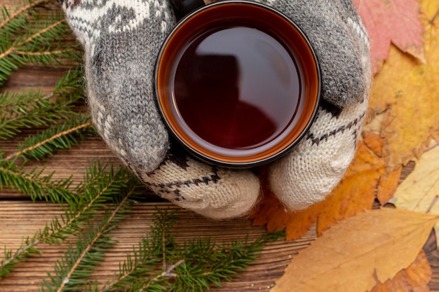 Hands in mittens holding cup of tea close up on the brown brushed wooden and fur pine branches background