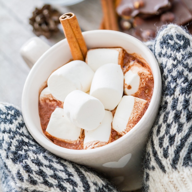 Hands in mittens holding hot chocolate