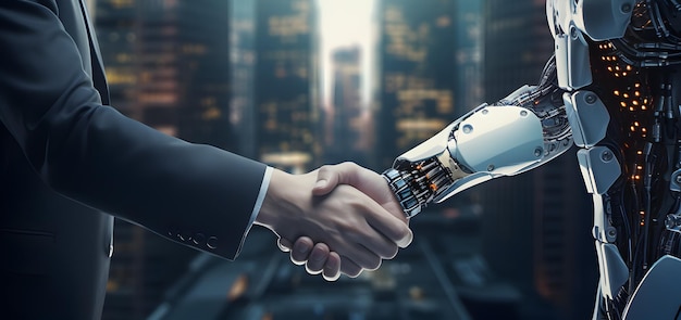 現代ロボットとビジネスマンの握手AI技術開発と人とロボットの関係の概念とアイデア