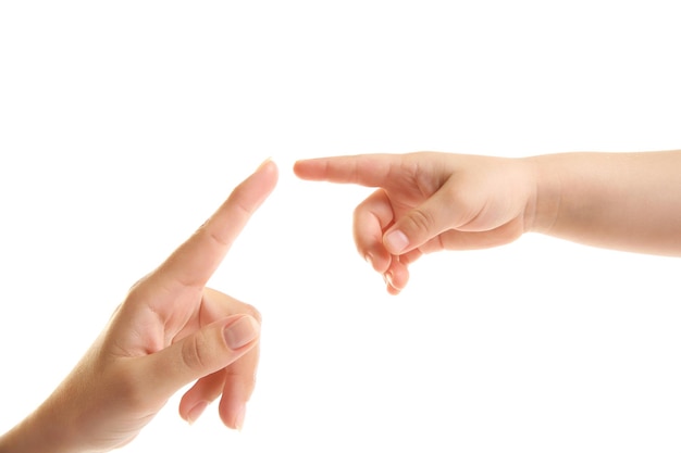 Hands of mother and child isolated on white