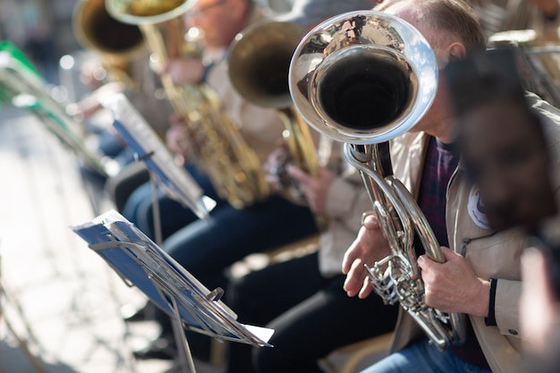 Hands musician plays musical instruments in orchestra.