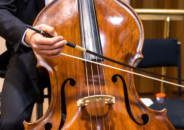 Mani di un musicista con un arco che suona il contrabbasso nell'orchestra filarmonica