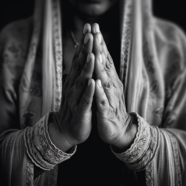 Hands of a muslim woman praying black and white image