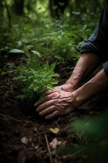 Hands nature and planting of trees in a forest