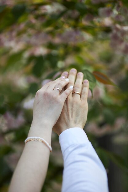 ぼやけた背景に結婚指輪のクローズアップと新婚夫婦の手