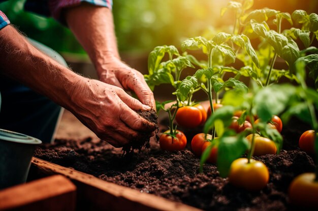 Foto mani che nutrono piante di pomodoro che simboleggiano la crescita e il giardinaggio biologico