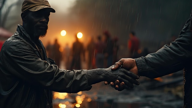 写真 雨の中で握手する男と男の手