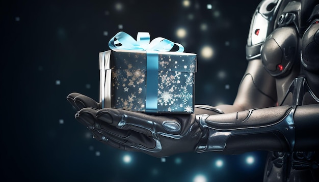 Фото Руки гуманоида андроида киборга, спроектированные с помощью подарочной коробки, украшенной рождественским баннером.