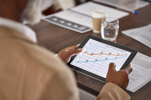 写真 タブレットのグラフやチャートを使用した会議中の人の手、オフィスでの販売レポートデータと情報の統計、ビジネス成長のオンライン統計、または利益調査におけるパフォーマンスレビュー分析