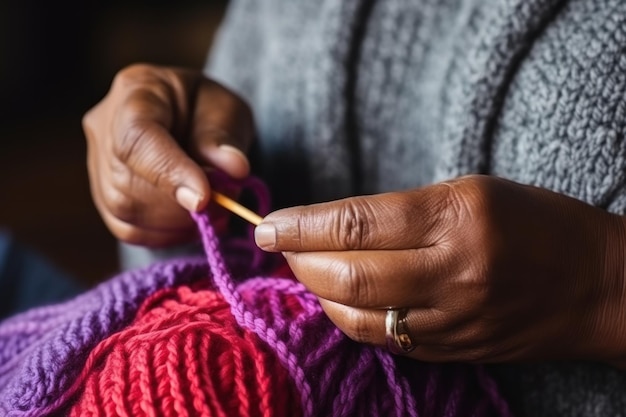 Foto le mani di una vecchia donna con le rughe che cuce un ornamento che calma i nervi con l'aiuto del suo hobby preferito