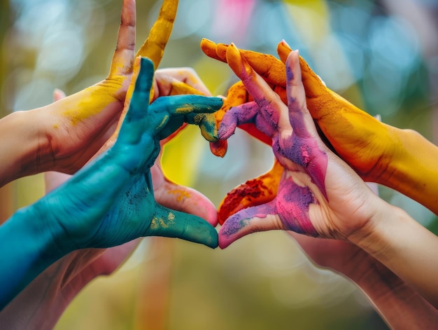 Photo hands painted with colorful powder forming heart