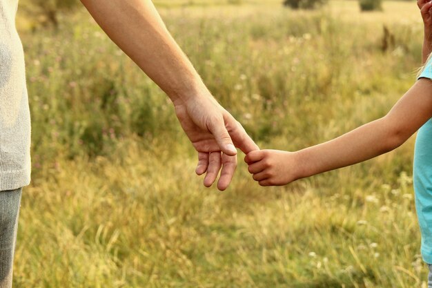 Hands of parent and child in nature