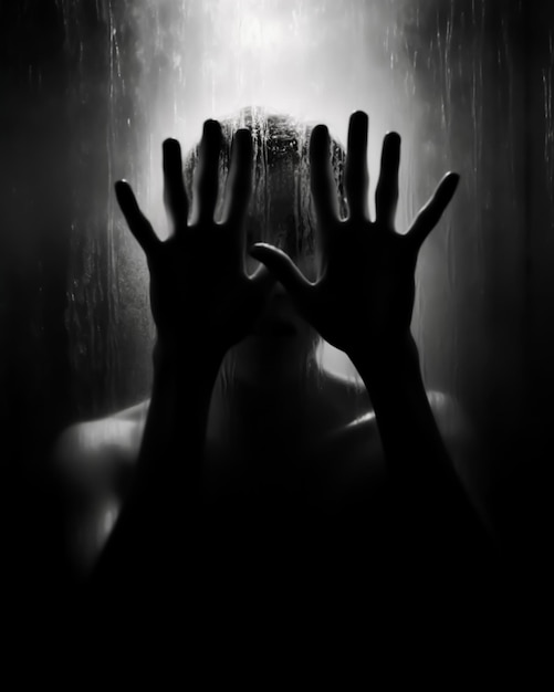 Photo hands behind path glass horror poster dramatic scene