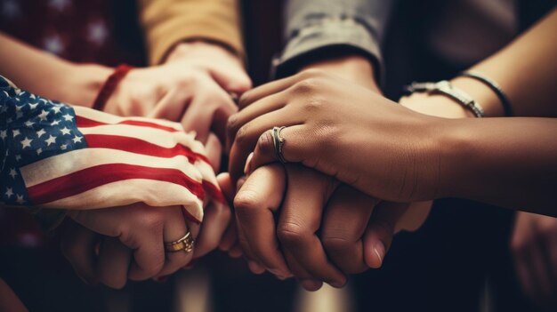 Hands of people holding american flag ai