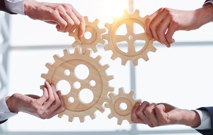 Photo hands of people office workers business partners making common picture