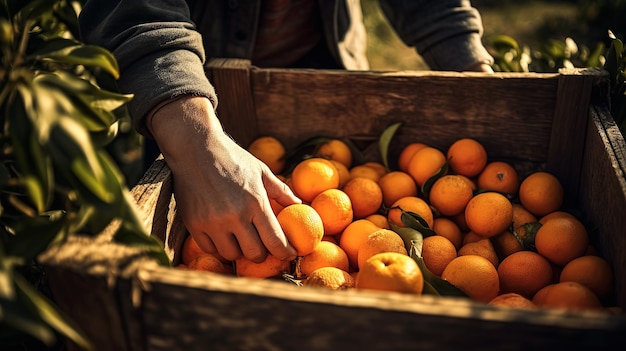 Hands of person gardener harvest ripe oranges in garden in summer Generative AI illustration