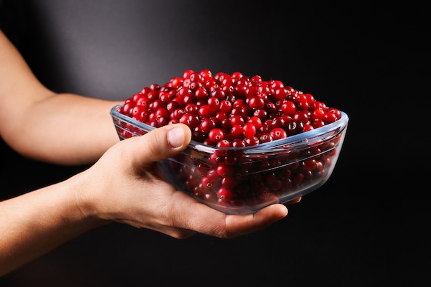 Hands person hold glass bowl with red cranberry