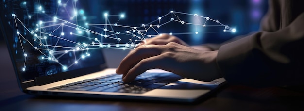 Hands of person type on a laptop closeup