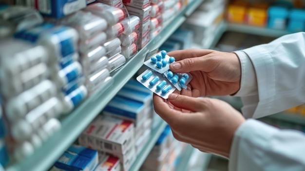 Hands of a pharmacist or healthcare professional holding a blister pack of capsules in front of a pharmacy shelf stocked with various medications