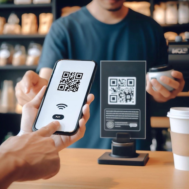 Photo hands and phone closeup scanning qr code on mobile phone paying in storegenerative ai illustration