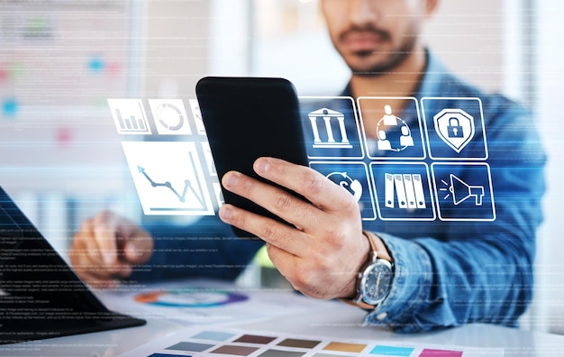 hands phone and hologram interface with icon for web design transformation and overlay for app ui in office programming expert smartphone and holographic menu for color 3d mobile ux and coding