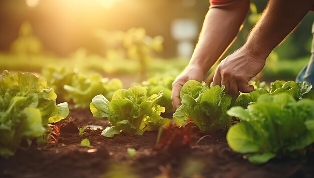 庭でレタスの野菜を摘む手