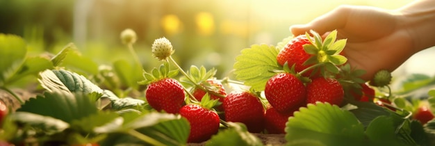 Hands picking strawberries