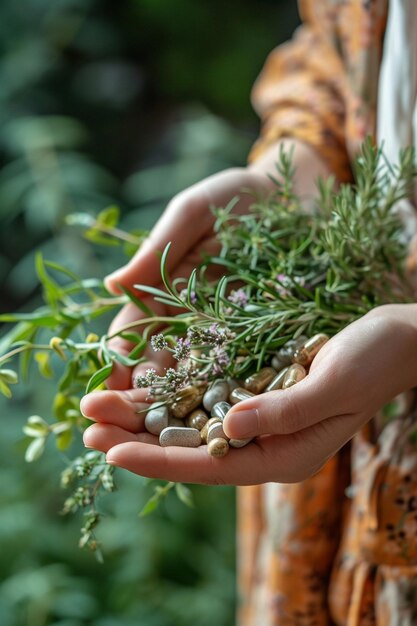 Foto nelle mani di pillole pillole medicinali da erbe medicina