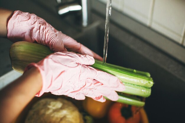 ウイルスの流行中にシンクの水流でセロリを洗うピンクの手袋の手 モダンなキッチンで食事を調理する準備をしている新鮮な野菜を掃除する女性 野菜を洗う