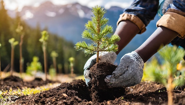 Photo hands planting new trees open area mountain environment care growth sustainability nature