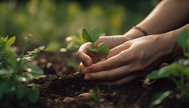 Hands planting a plant in soil