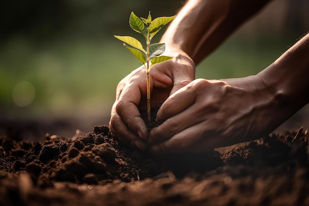 Hands planting seedling in a soil generative AI