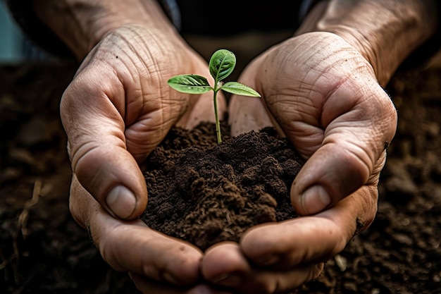 Hands planting seedling in a soil generative AI