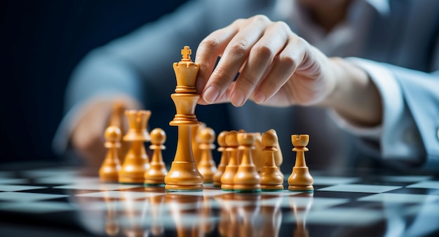 Hands at play on the chessboard symbolize innovative business strategy concepts