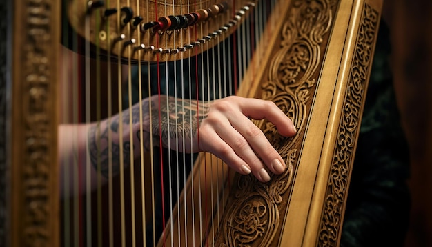 Photo hands playing a celtic harp