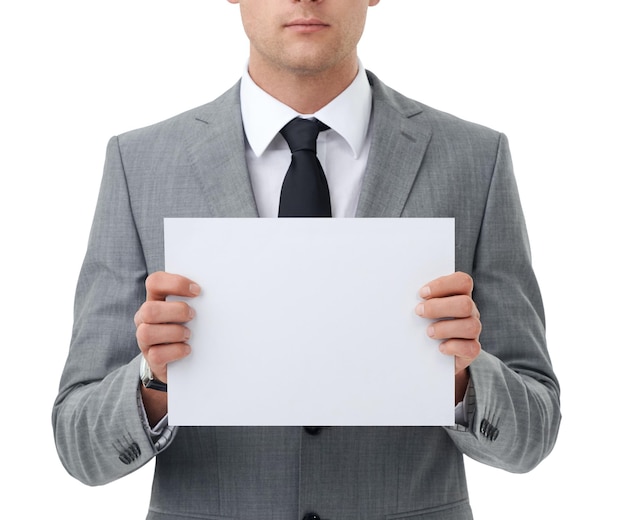 Photo hands poster and marketing with business man in studio isolated on white background for closeup advertising corporate mock up and space for information with employee holding sign or placard