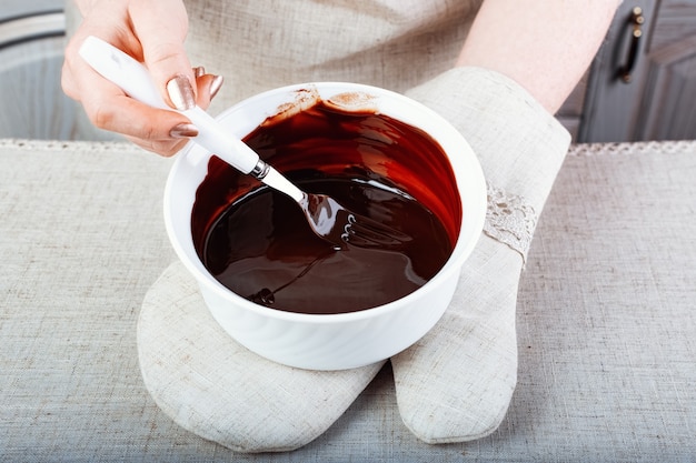 Hands in potholders holding hot liquid chocolate
