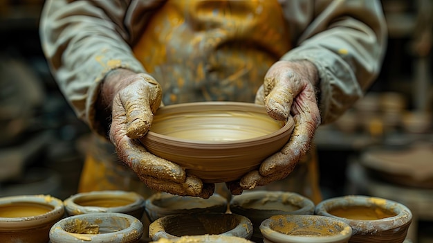 Hands of a potter expertly forming the bowl of a goblet creating elegant curves in a potter